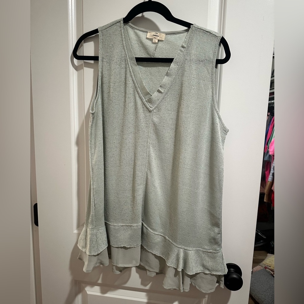 Entro Green Asymmetrical Ruffled Tank Top